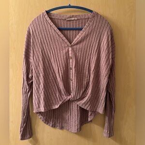 Pink V-Neck Ribbed Blouse